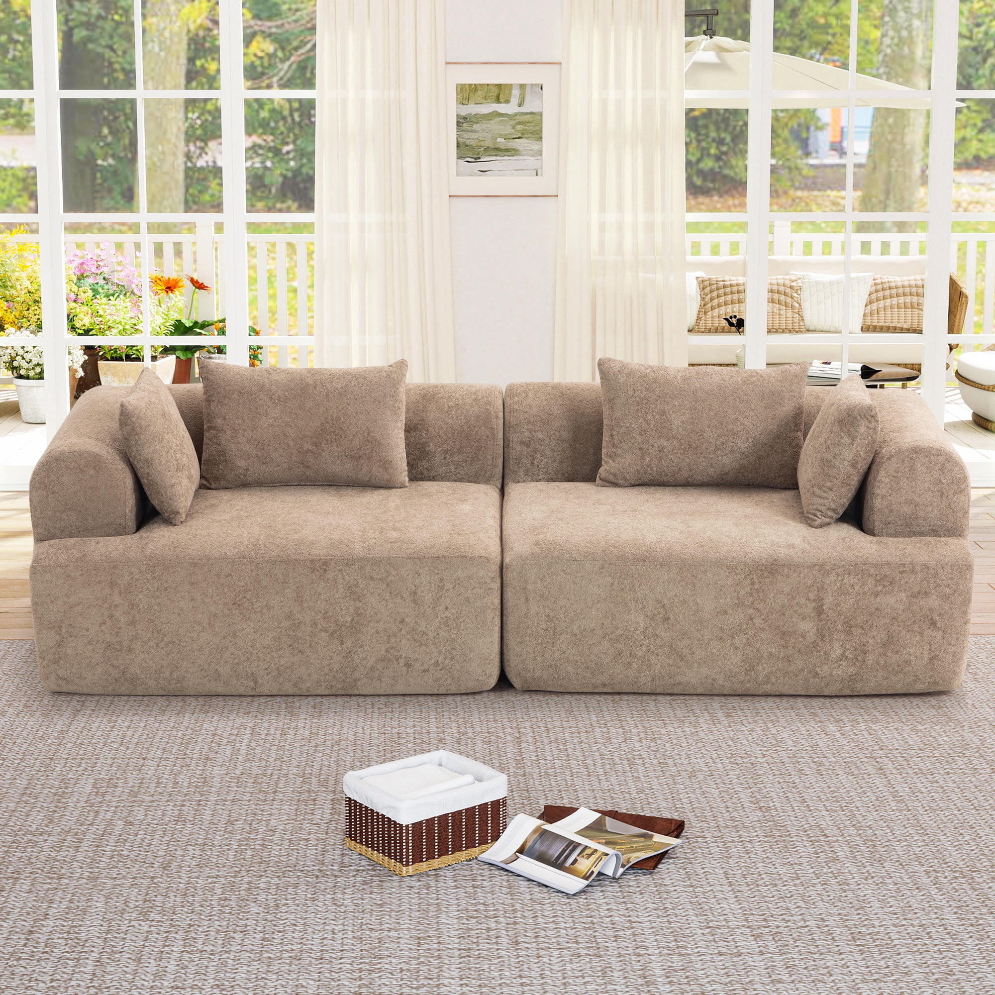 Muumblus Boneless Modular Sectional Sofa, 96" Oversized Deep Seat Loveseat Sofa, Cozy Cloud Living Room Couch, Brown Teddy