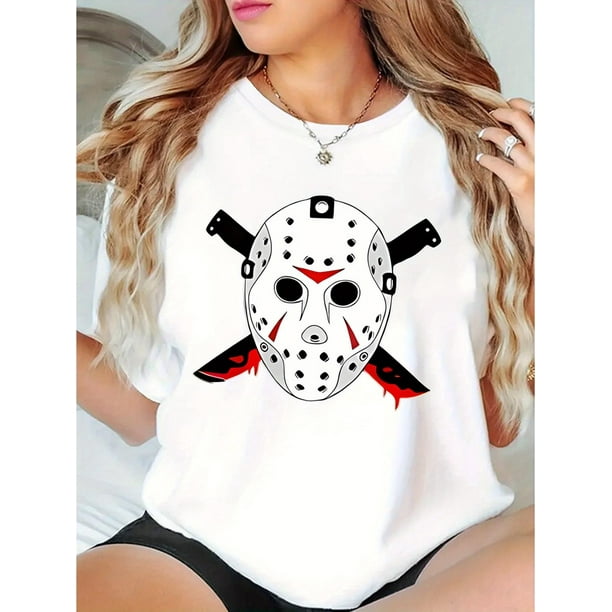 1pc Women'S Casual Crew Neck T-Shirt with Geometric Killer Mask Print, Fashionable Short Sleeve Knit Polyester Top, Comfortable All-Season Summer Tee with Medium Stretch