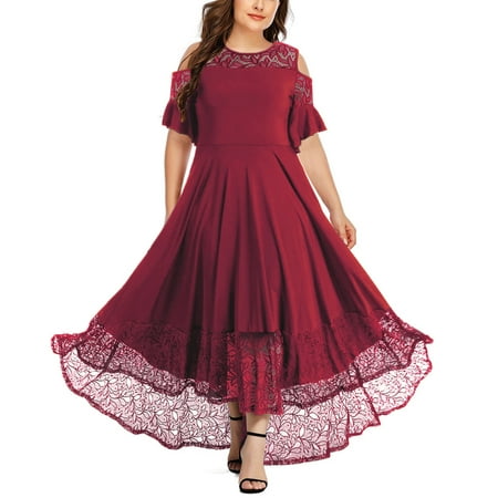 

jsaierl Plus Size Women Cold Shlouder Ruffle Half Sleeve Lace Splicing Swing Evening Party Dress for Women 2022