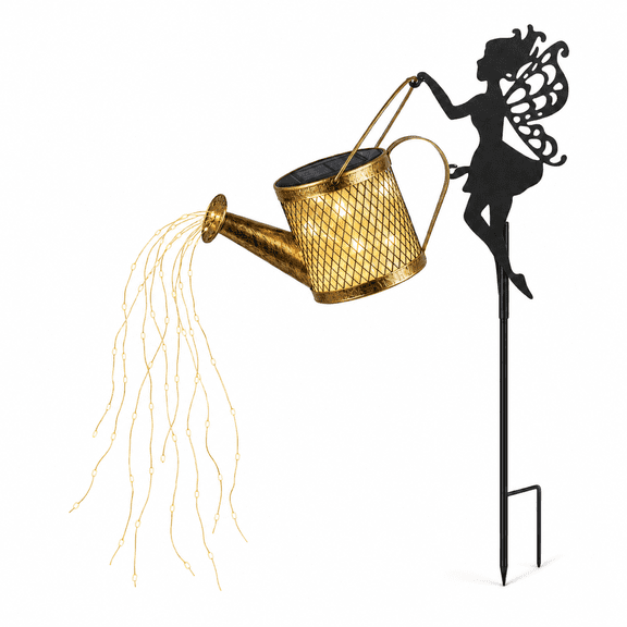 Rirool Solar Watering Can Light, Warm White Cascading Fairy Lights with 23.6 in Fairy Silhouette Garden Stake, Weather-Resistant Metal Outdoor Decor for Patio, Yard, Pathway and Lawn