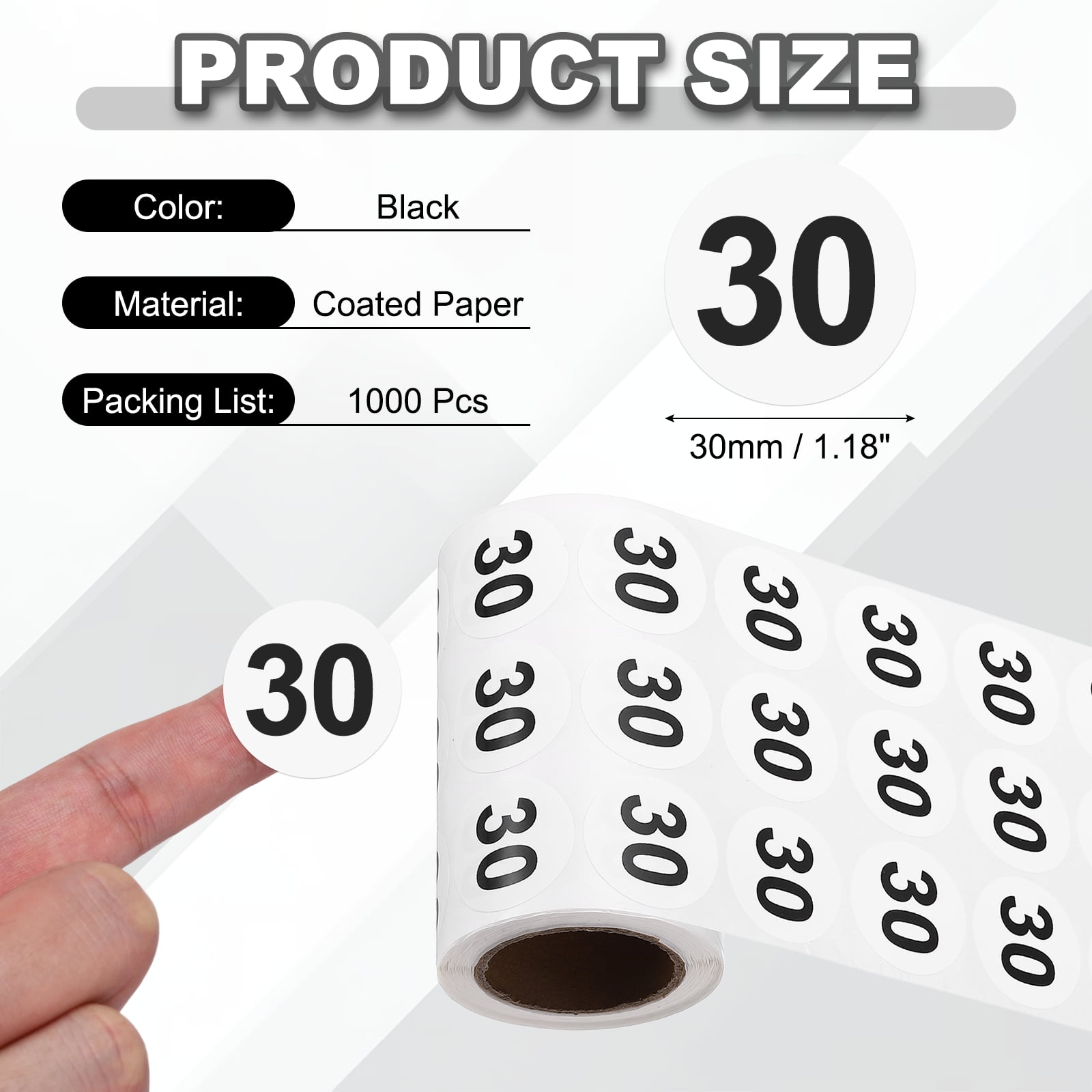Uxcell 1000pcs 1.2" Number Stickers, Number 30 Sticker Numbers Labels Round Small Vinyl Self Adhesive Label Circle Decals 1 Roll Dots for Photo Album Poster Organize Inventory, Black