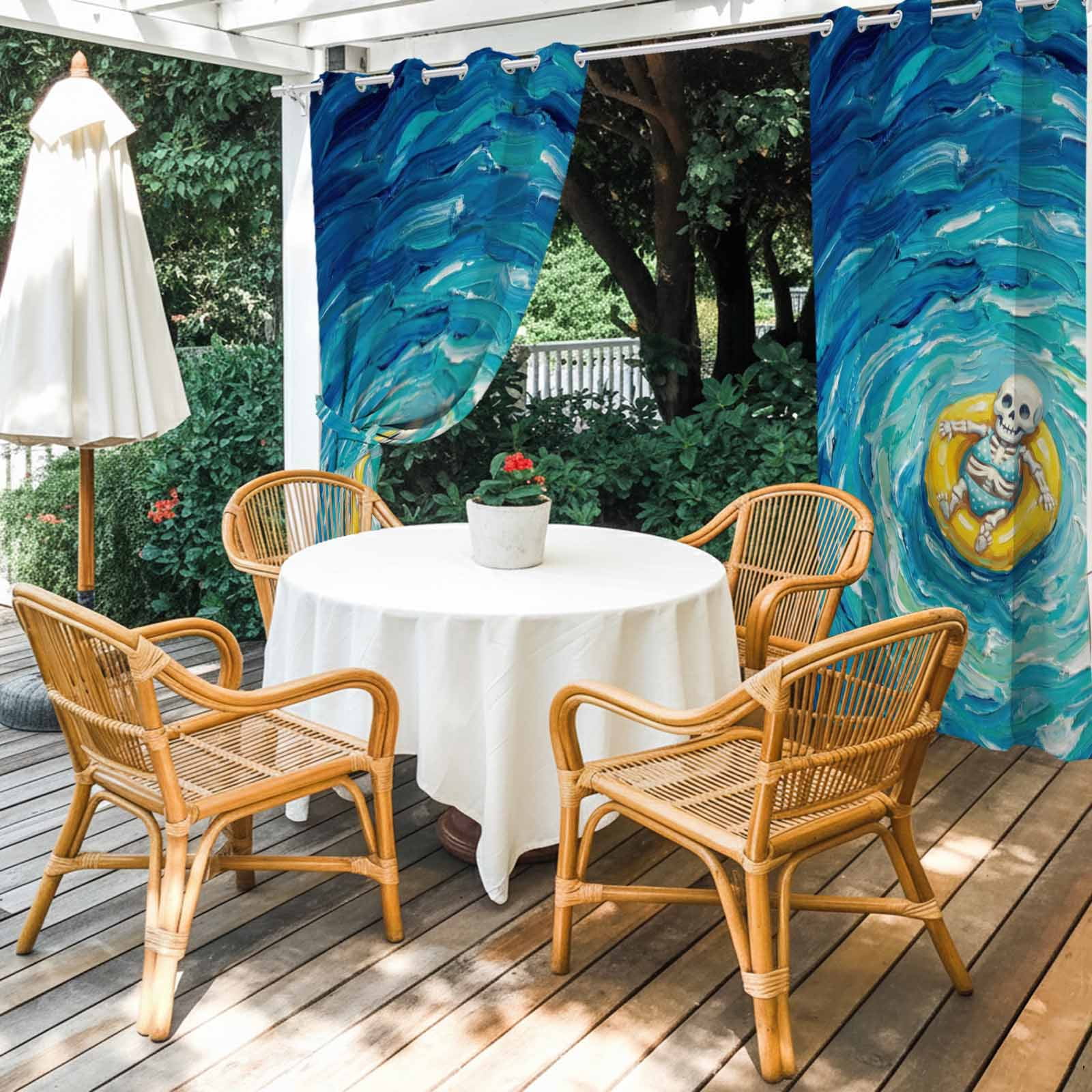 Funny Art Outdoor Curtains for Patio, Summer Skeleton Swimming Blue Sea View Oil Painting Sunshade Privacy Drapes Grommet Waterproof Outside Curtains for Porch/Cabana/Balcony 54"x 108", 1 Panel