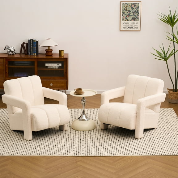 DRKAT Mid Century Accent Chair Set of 2, Comfy Living Room Chairs, Modern Upholstered Sofa Chair, Boucle Armchair, Lounge Reading Chair for Living Room, Bedroom (Ivory)