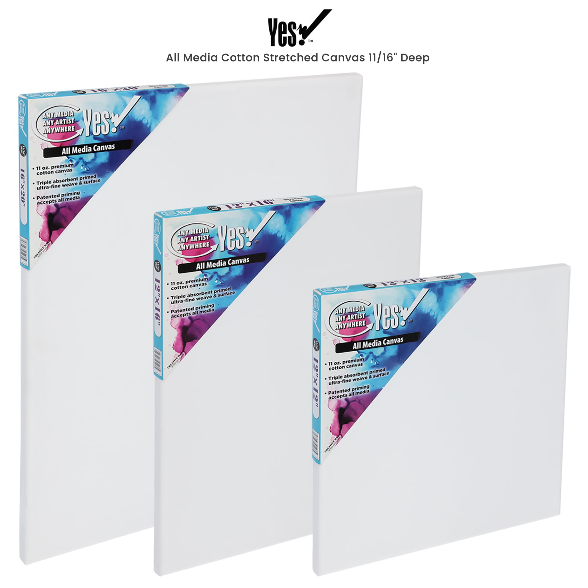 Yes! All Media Stretched Canvas for Painting, Canvas 3 Packs, 1-1/2 in Deep, 11oz Weight, Triple-Primed Acid-Free, Accepts Acrylics, Oils, Watercolors & Inks, Fine Close-Weaved Smooth Cotton