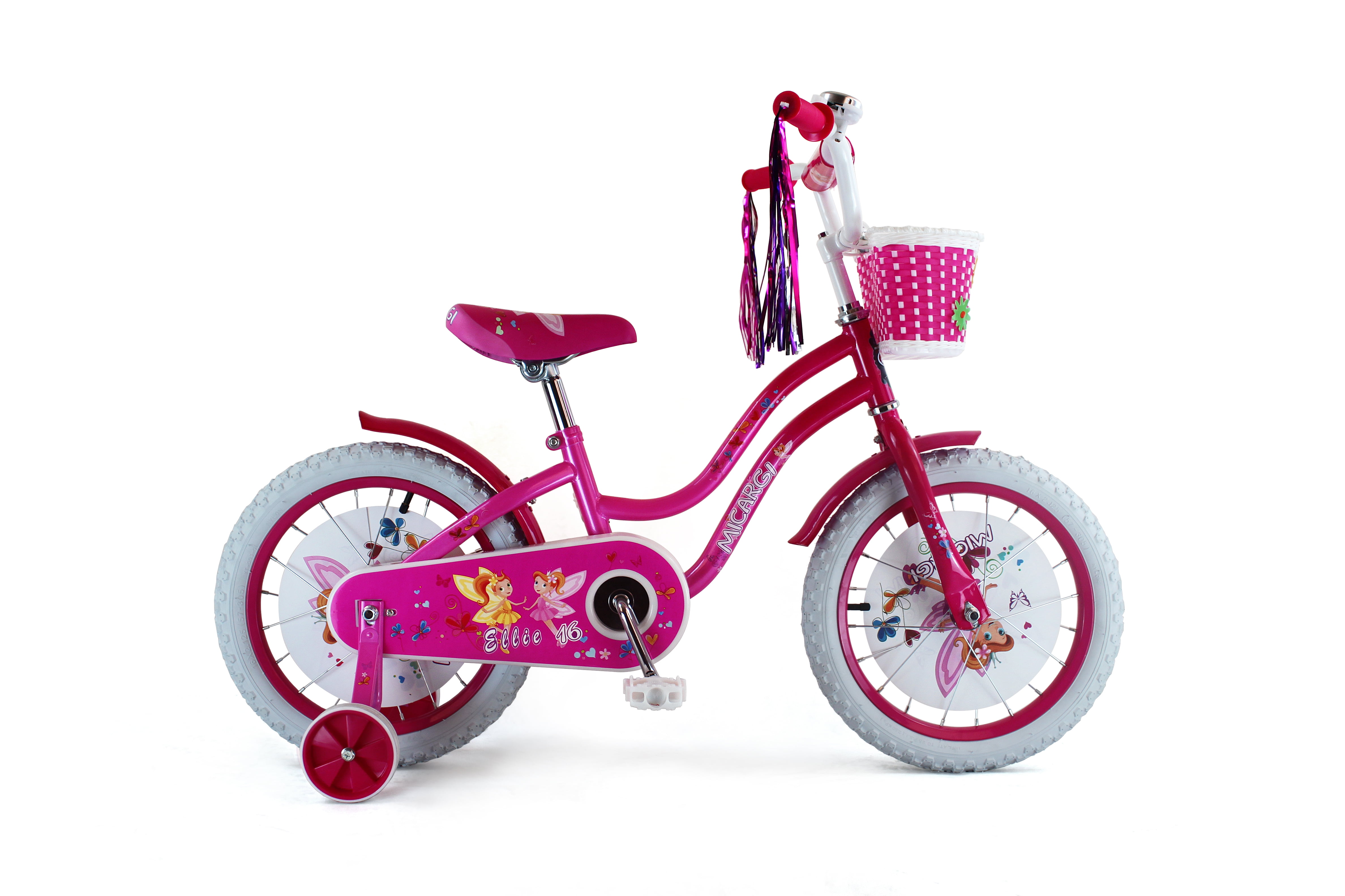 PlayWorld 16 In. Cruiser Steel Frame Bicycle Coaster Brake One Piece Crank, Full Cover Chain Guard with Basket, Fenders and Rims, White Tire Kid's Bike, Pink and Hot Pink