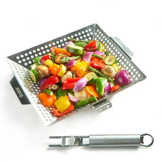 Grill Basket BBQ Vegetable Grilling Barbecue Pan Wok Veggie Steel Grate Portable Tray Cooking Camping Nonstick Stainless, Size: 31X28X9.3CM