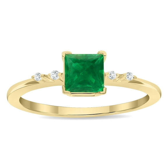 SZUL Women's Square Shaped Emerald and Diamond Sparkle Ring in 10K Yellow Gold