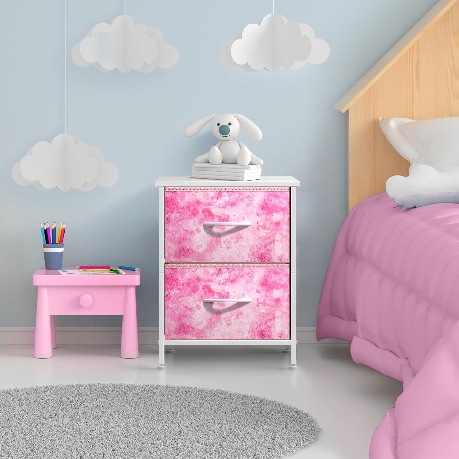 Sorbus Nightstand with 2 Drawers, Steel Frame, Wood Top, Fabric Bins, Tie-Dye Pink