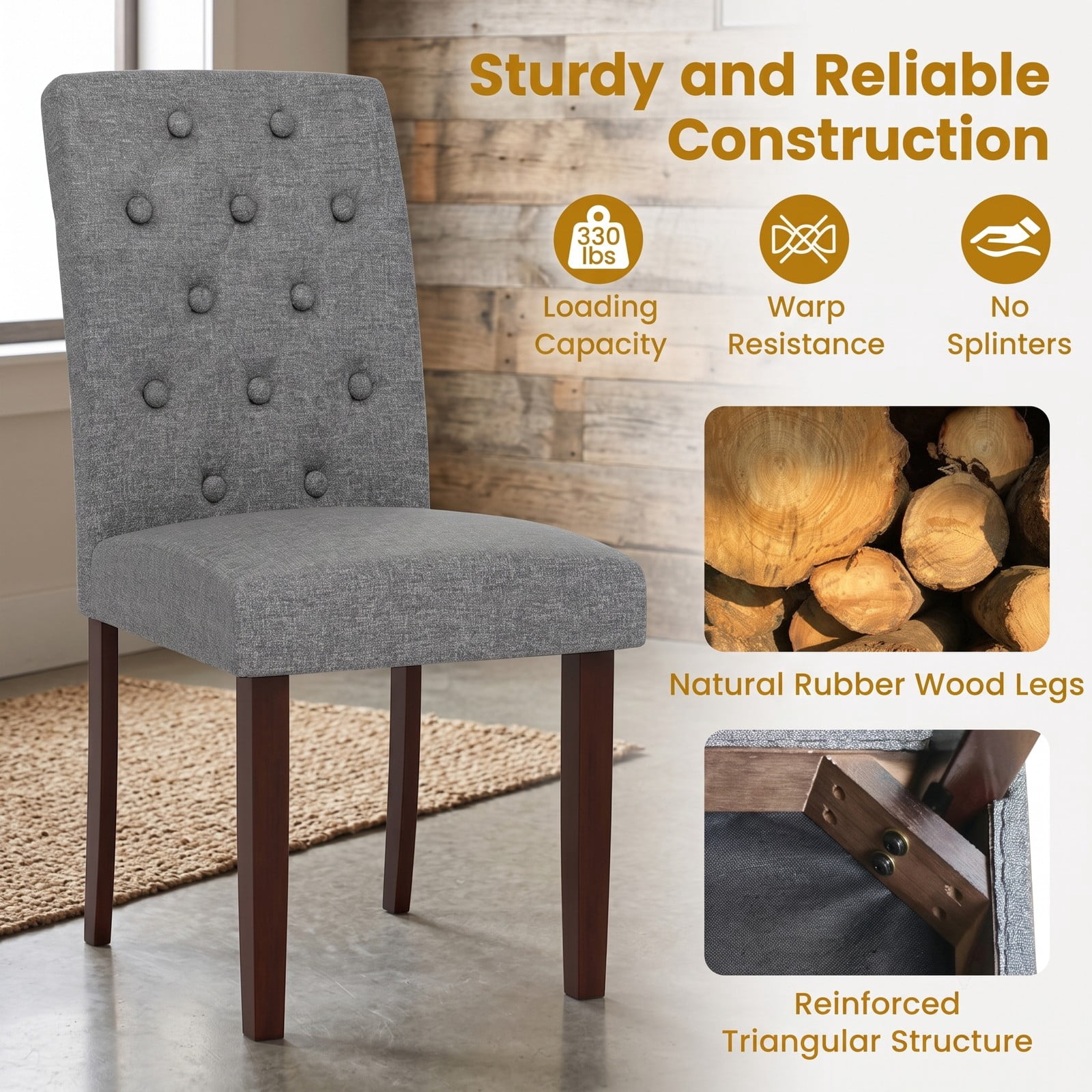 Furnibear Button Tufted Fabric Upholstered Dining Chair Set of 2, High Curved Back Accent Side Chairs with Rubber Wood Legs for Kitchen Living Room Reception, Gray