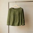 thumbnail image 5 of Womens Solid Pleated Crewneck 3/4 Sleeve Shirt Casual Spring Fall Y2K Vintage Comfy Basic Trendy Office Work Army Green 2XL, 5 of 5