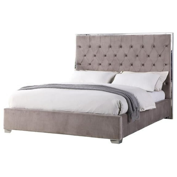Kressa Upholstered Velour California King Bed, Light Grey