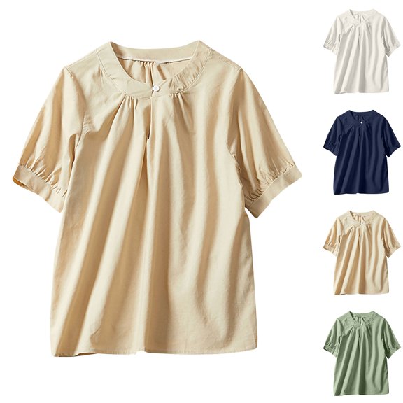 FRSASU Womens Flax Shirts Short Sleeve Solid Crew Neck Blouse Button Casual Loose T Shirt Tunic Tops White
