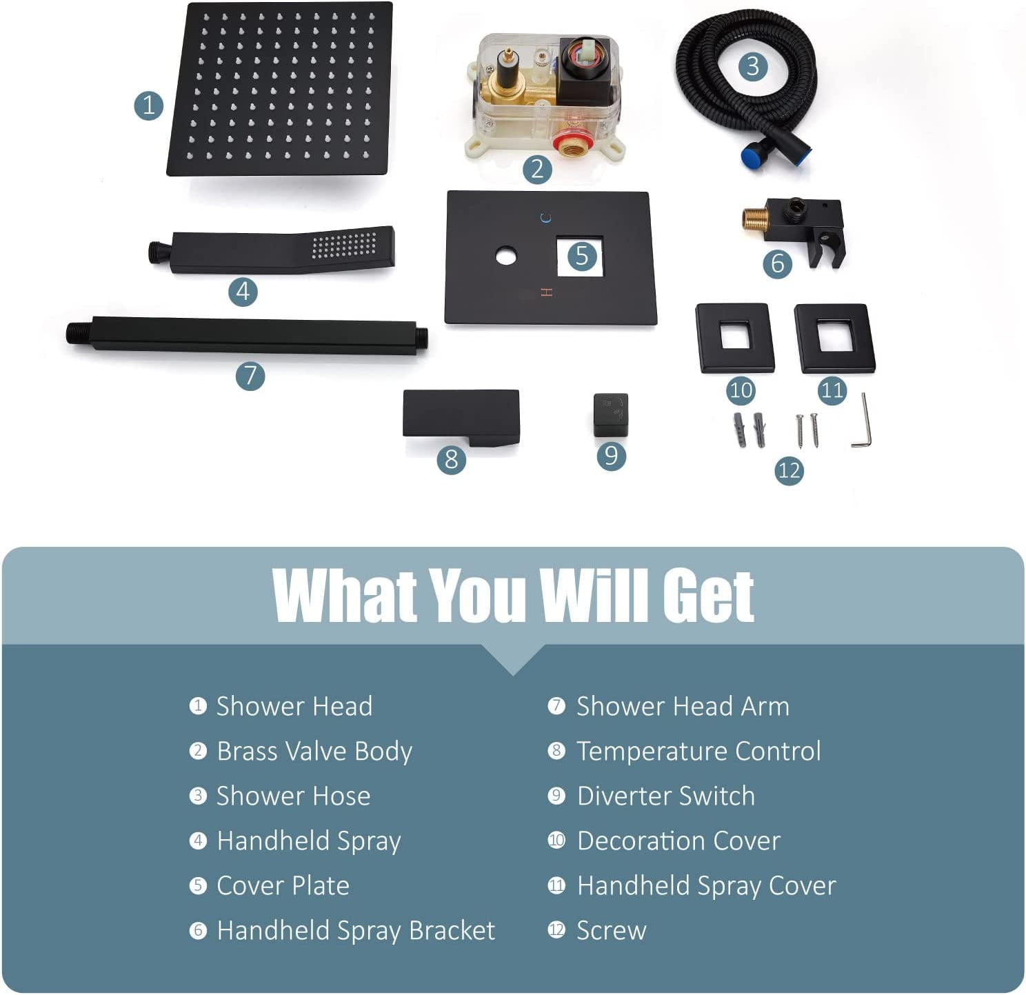 Zovajonia Matte Black Shower System 8 Inches Shower Faucet Set,  Rain Shower Head with Handheld Spray Bathroom Ceiling Mount Shower Fixtures