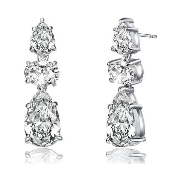 Prong Set Designer Dangle Drop Earrings with Pear and Oval Brilliant Diamonds by Diamond Essence set in Sterling Silver