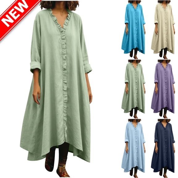 Taqqpue Women Plus Size Dress Casual Solid Color V Neck 3/4 Sleeve Beach Vacation Dress Linen Cotton Loose Fit Button Down Maxi Dress for Women