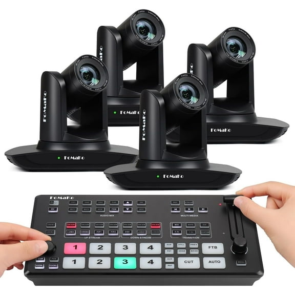 FoMaKo AI Auto Tracking HDMI PTZ Camera, 20x Optical Zoom(4pcs), M1 Video Mixer Switcher, for Church Services Worship Education,PTZ Bundle(FMK12UH Pro(20x)-B X4 M1)