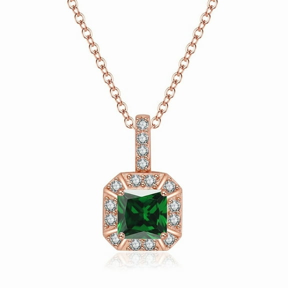 Bonjour Jewelers 18K Rose Gold 1ct Halo Emerald Square 18 Inch Necklace Plated