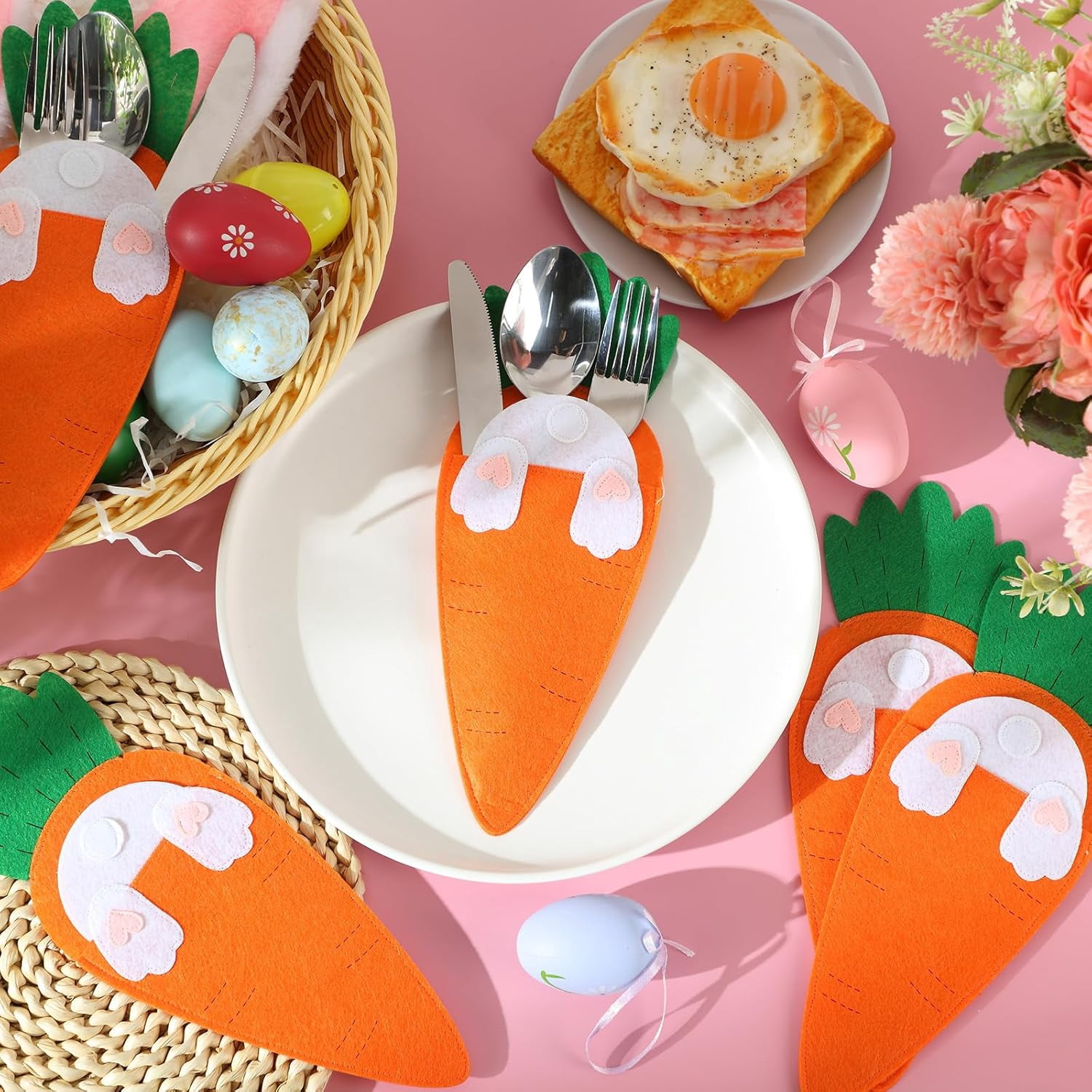 12 Pcs Easter Carrot Utensil Cutlery Holders Bag Felt Bunny Fork Cutter Pouches Silverware Pocket Bag for Easter Home Spring Party Table Decoration Knife Forks Organizer