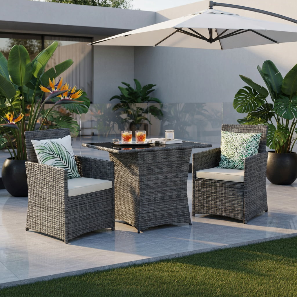 Hommoo 3-Piece Modern Patio Rattan Furniture Set, Steel Frame with Cushions, Tempered Glass Table & Ergonomic Armchairs for Balcony, Porch & Garden