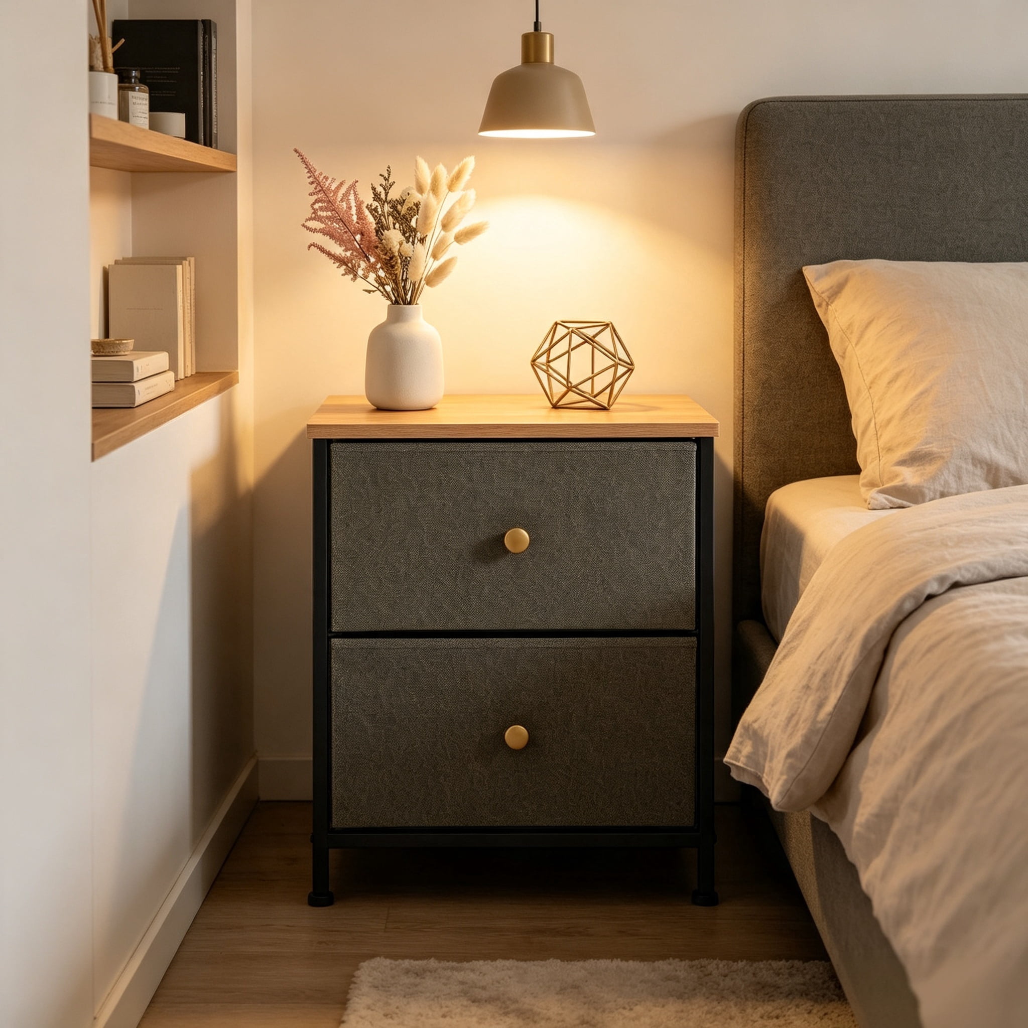Double Drawer Bedside Table for Bedroom Living Room Storage