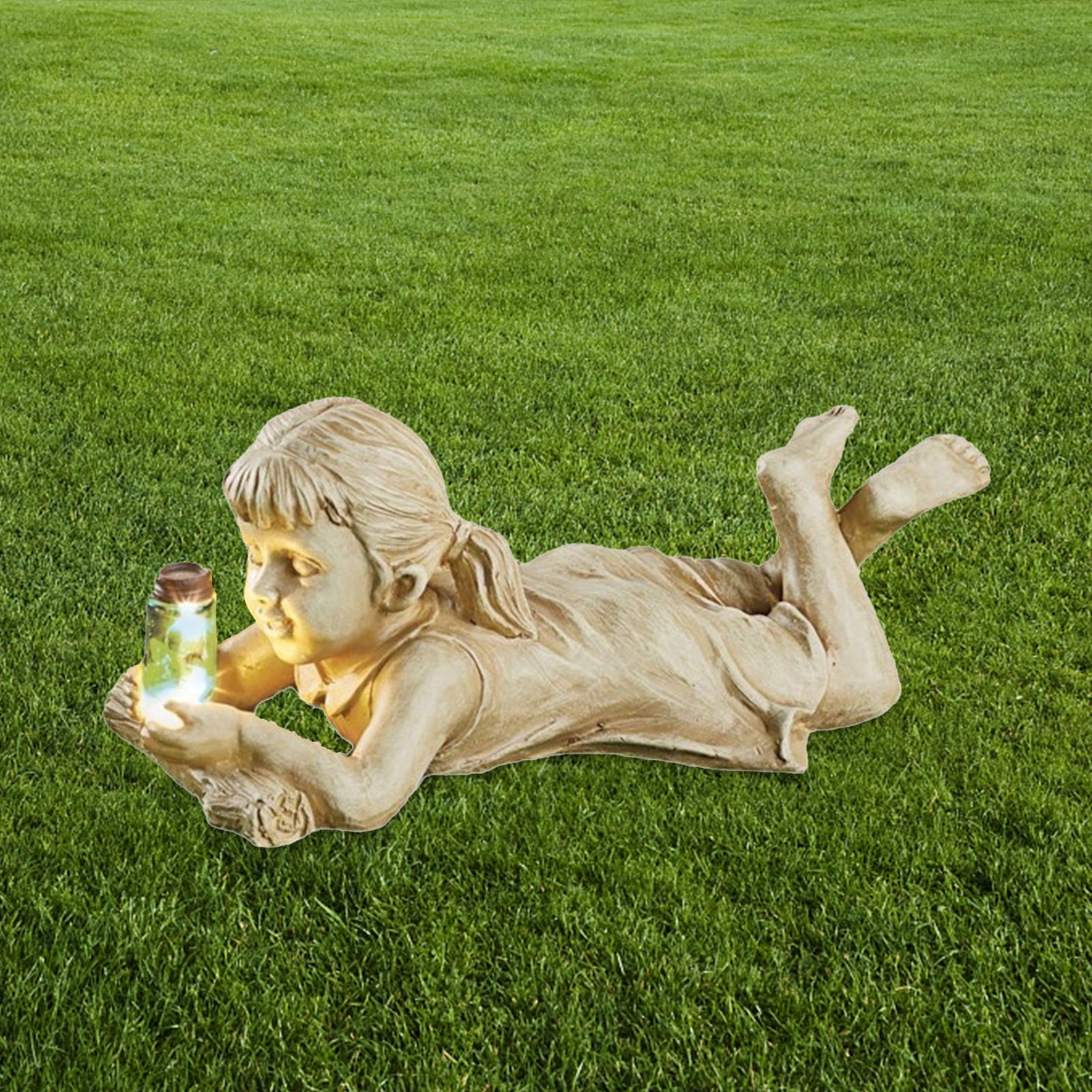 Naierhg Garden Sculpture Solar Lighted Kid Design Resin Vintage Boy Girl Statue for Patio