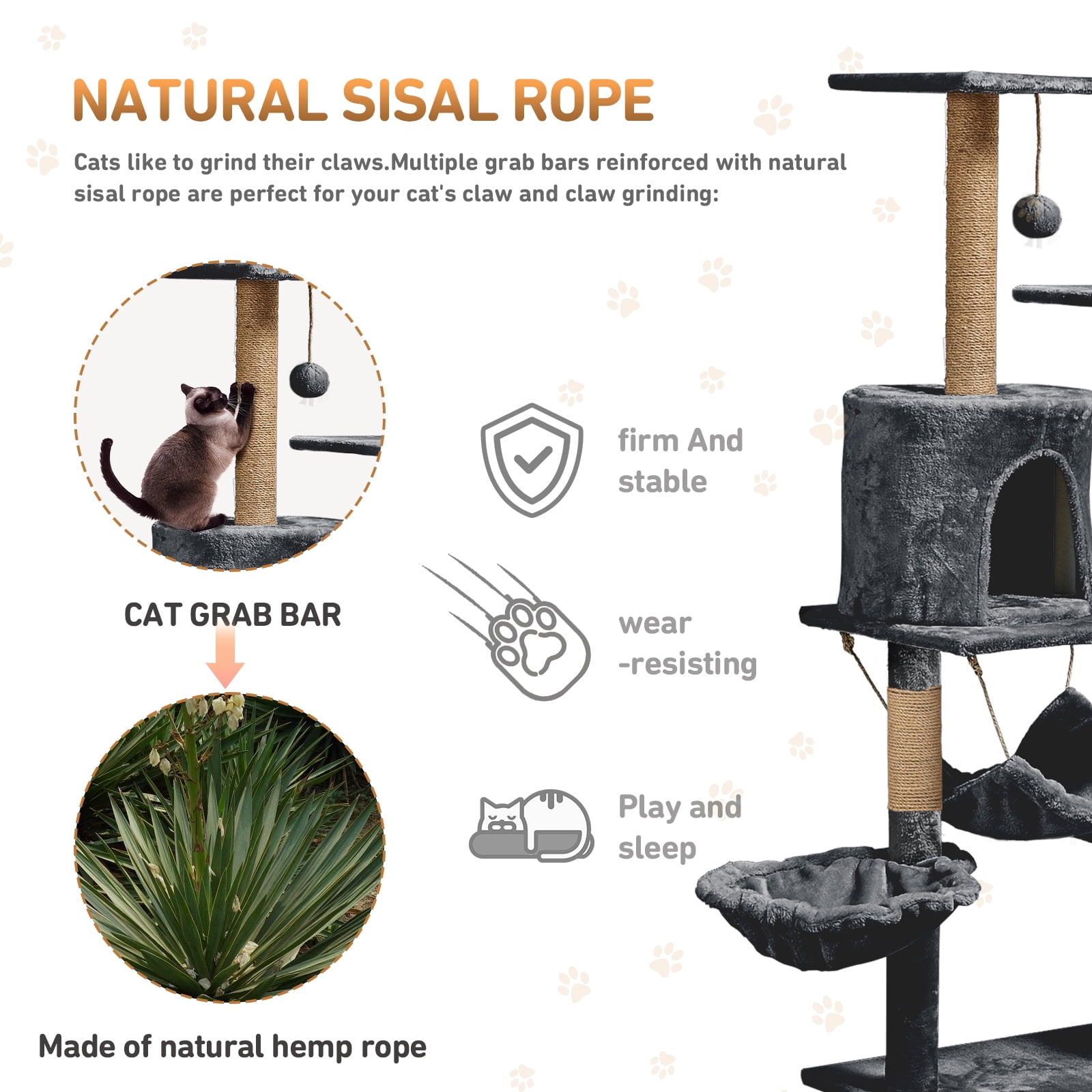 ZephyPaws 54in Large Multi-Level Cat Tree,Tall with Sisal Scratching Posts,Perch,Condo for Large Adult Cats,Gray