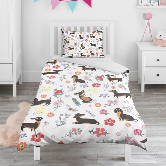 Dachshunds with Flowers Duvet Cover and Pillowcase Set for Single Bedding, Bedroom Accessories for Kids Teens