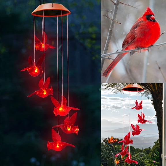 Solar Cardinal Bird Wind Chime Lights, LED Color Changing Solar Powered Wind Chimes for Garden Patio Yard, Waterproof Outdoor Decorative Hanging Lights, Cardinal Memorial Gifts for Mom Grandma