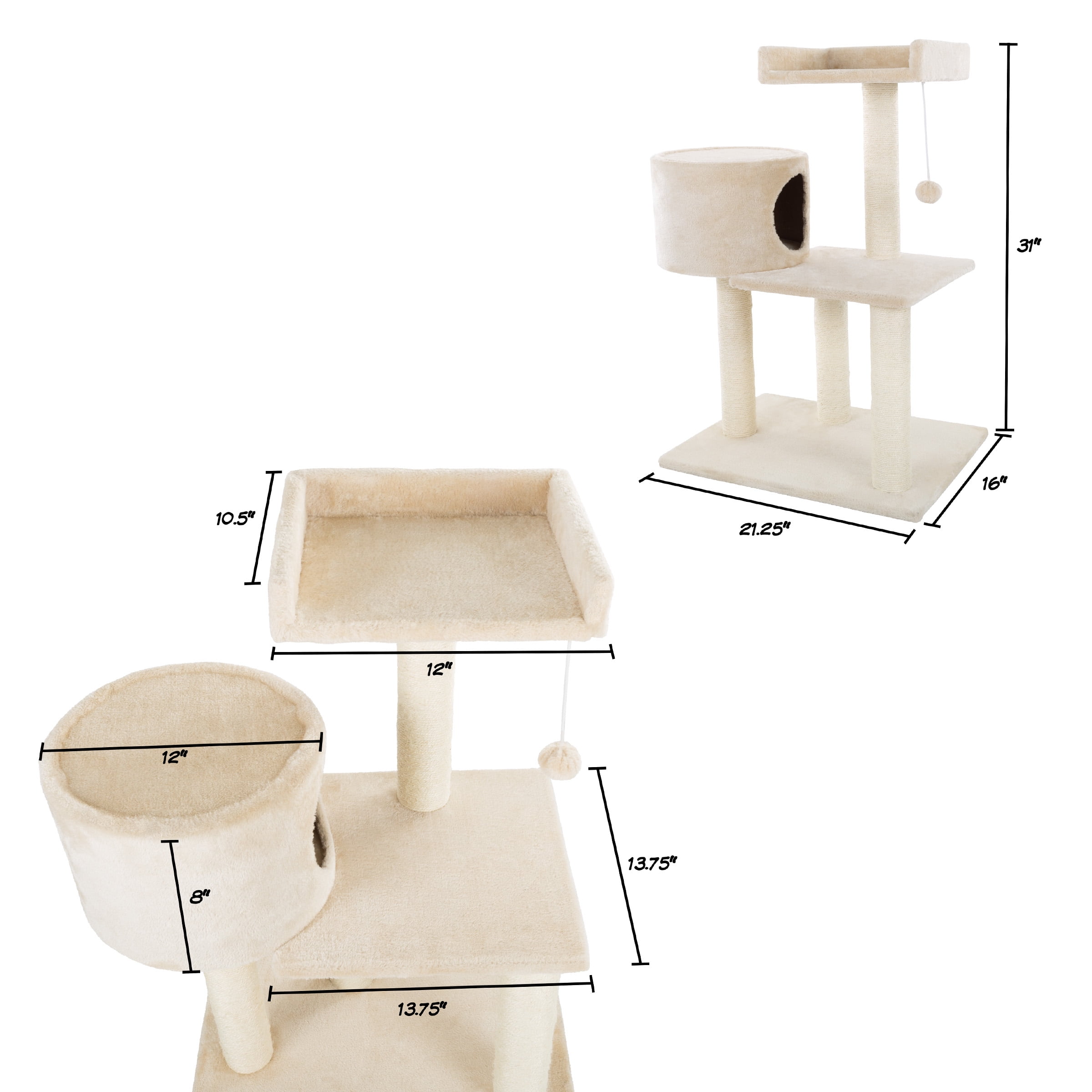 3 Tier Cat Tree- Plush Multi Level Cat Tower with Scratching Posts Perch Style Bed Cat Condo and Hanging Toy for Cats and Kittens By PETMAKER (31?)