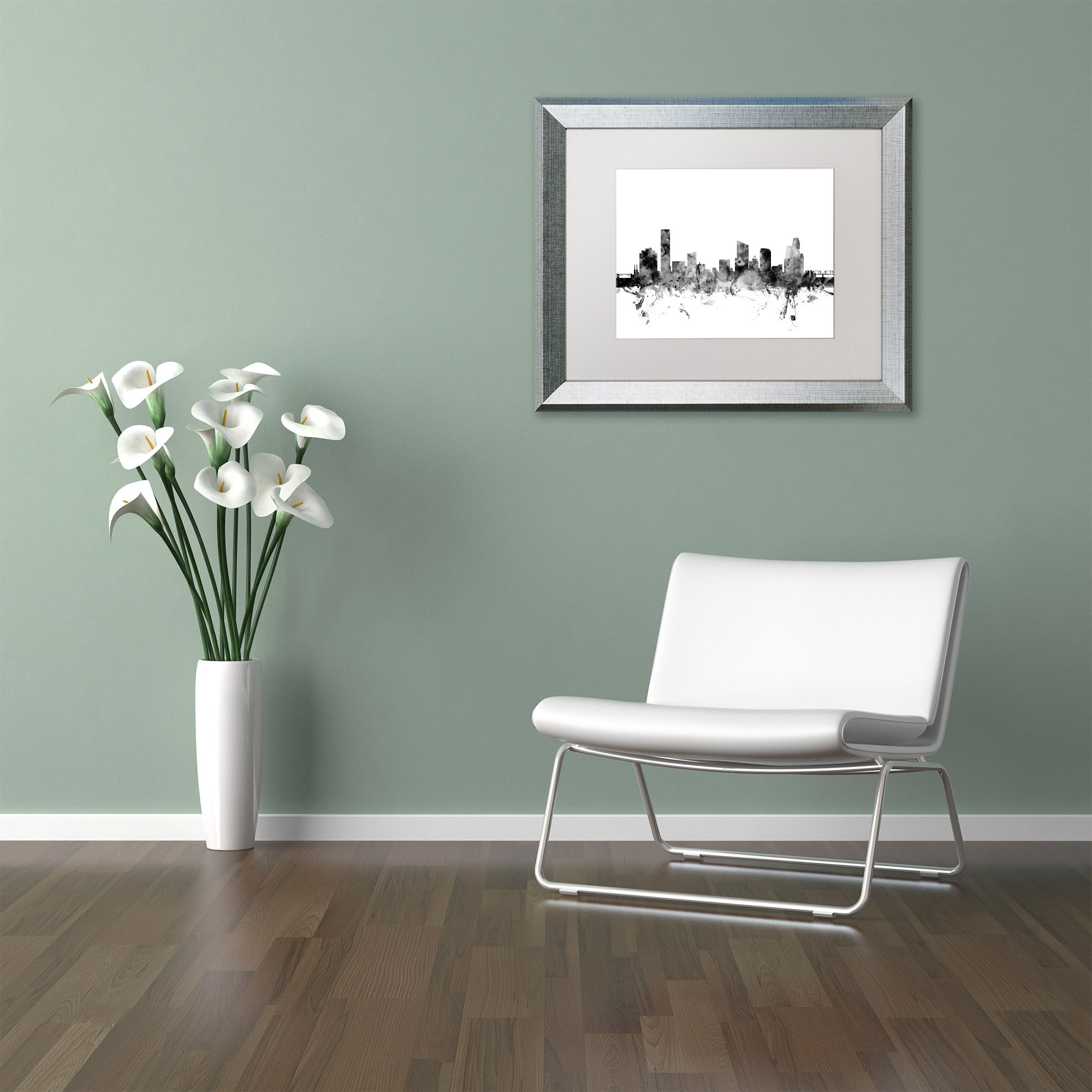 Trademark Fine Art "Grand Rapids MI Skyline B&W" Canvas Art by Michael Tompsett, White Matte, Silver Frame