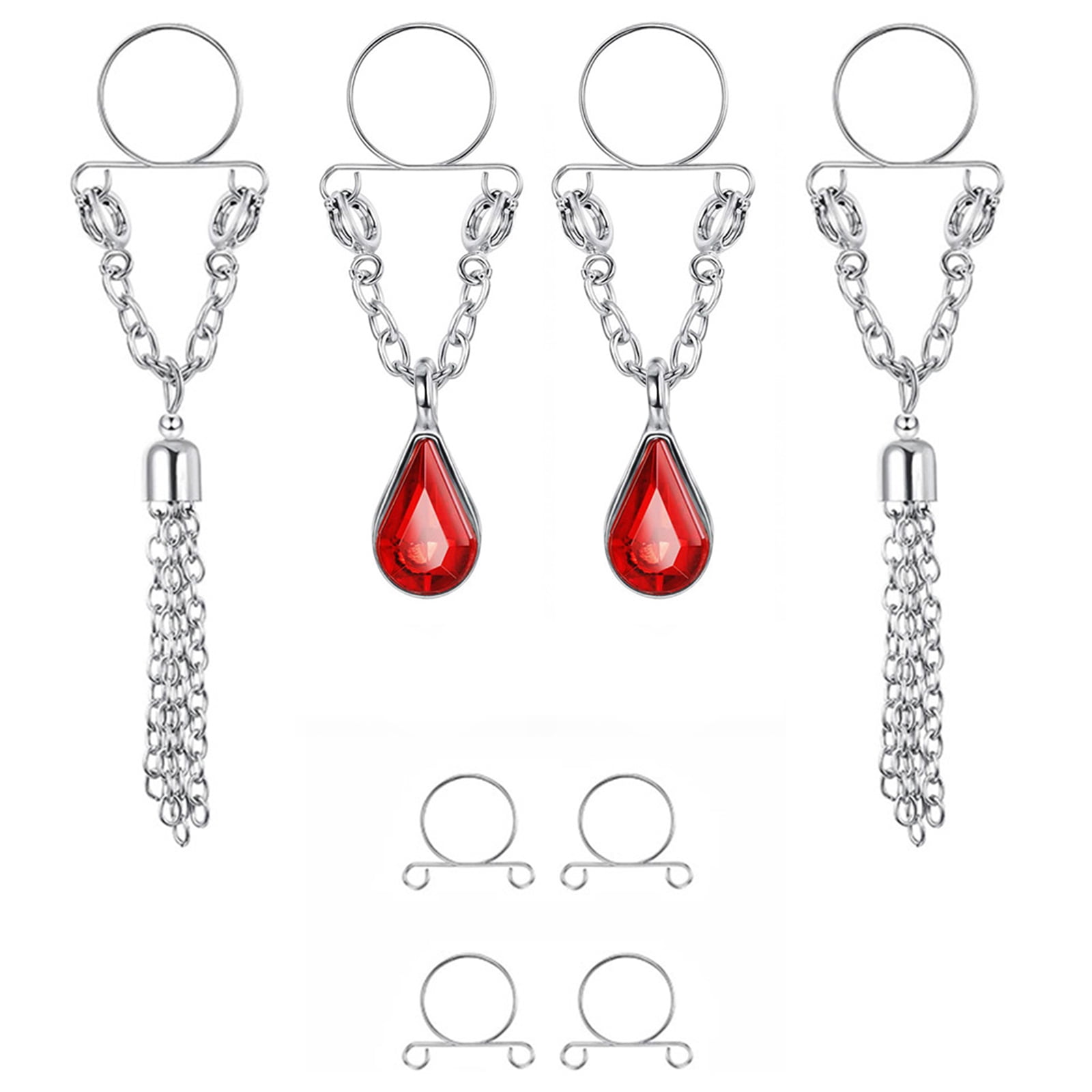 4 Pairs Stainless Steel NonPiercing Fake Nipple Rings Set Water Drop