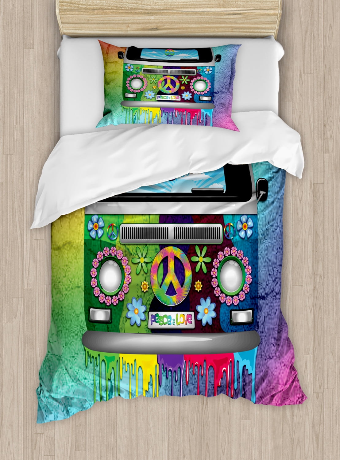 Groovy Duvet Cover Set, Old Style Hippie Van with Dripping Rainbow