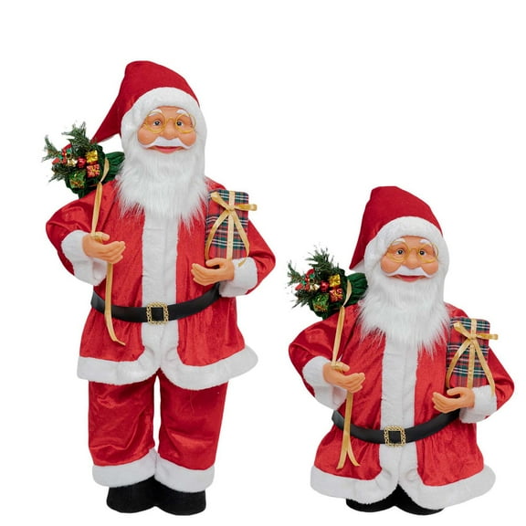 Set of 2 Standing Santa Claus Christmas Decorations with Gifts and Pine Accents, Indoor Holiday Decor, Festive Red Suits, 18 & 24 Inch Figures for Home, Office, Party, Tabletop, Mantel Display
