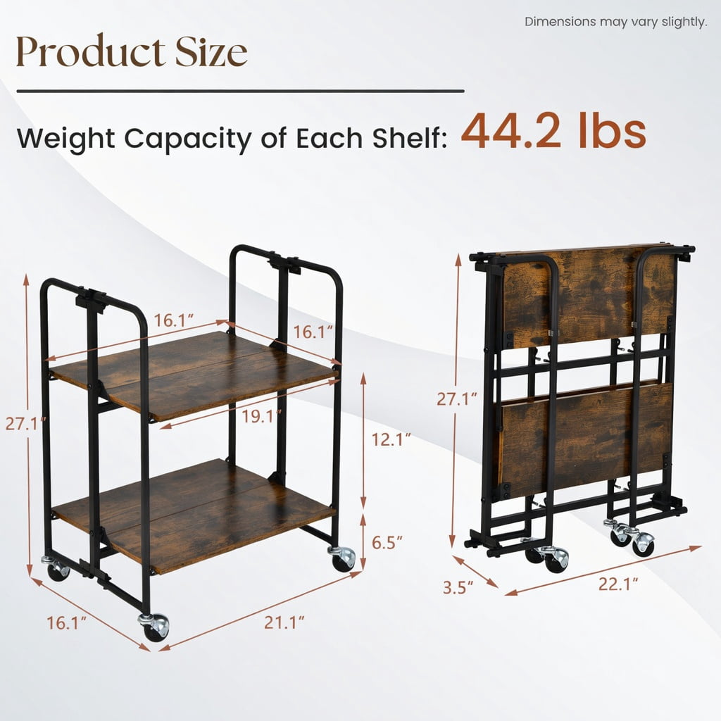 Demi Bonn Rolling Cart, Kitchen Island Cart, Folding Rolling Cart with Metal Frame-2-Tier, for Kitchen, Dining Room, Rustic brown