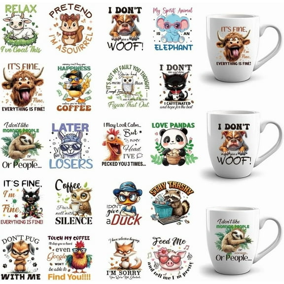 10 Sheets UV DTF Cup Wraps 20 Styles Funny Animal Stickers Cute Cat Dog Panda Rub on Decals Waterproof Transfer Stickers for 16 OZ Glass Cups Wood Crafts