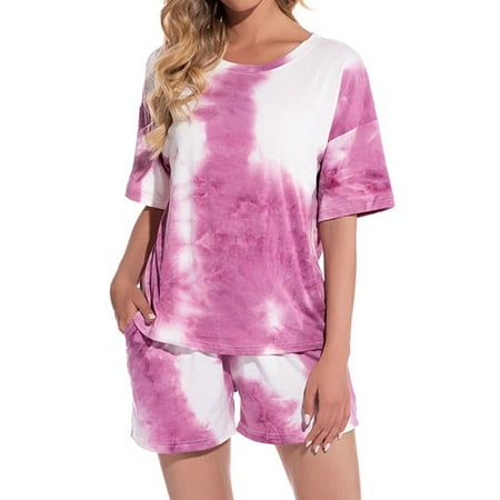 

HUBERY Women Crew Neck Short Sleeve Tie-Dyed Elastic Waistband Sleepwear Set