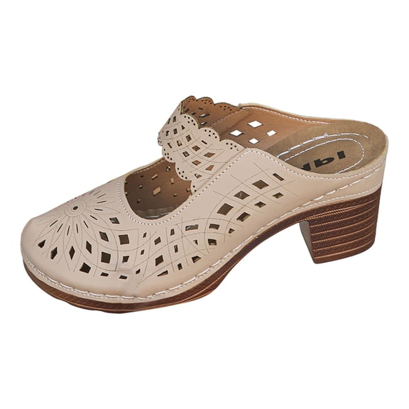 Women's Slip On Wedge Sandals Chunky Heels Closed Toe Sandals Fashion Cutout Non Slip Mules Lightweight Backless Dress Shoes Beige Size 6.5