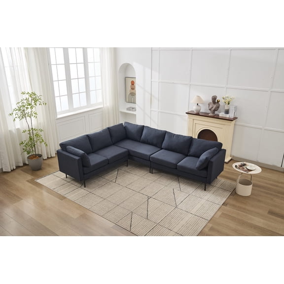 L Shaped Sectional Sofa with Convertible Chaise, Oversized 6-Seat Corner Couch Set for Living Room, Modern Linen Fabric Sofa with Metal Legs and Storage Ottoman