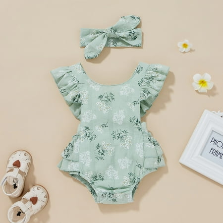 

DENGDENG Baby Girls Floral Printed Infant Bodysuits Summer Flying Sleeve Cotton Ruffle Bodysuit Outfits 0-24M