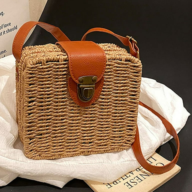 Women Crossbody Bags Casual Woven Hand woven Bag Rattan Beach Bag Light Brown Shoulder Bags for Women