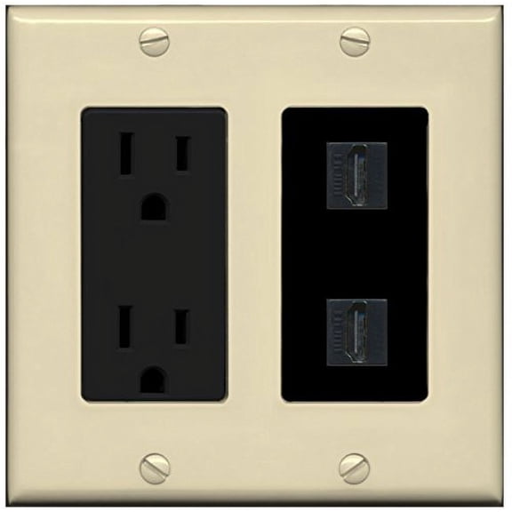 RiteAV - 15 Amp Power Outlet 2 Port HDMI Decorative Wall Plate - Ivory/Black