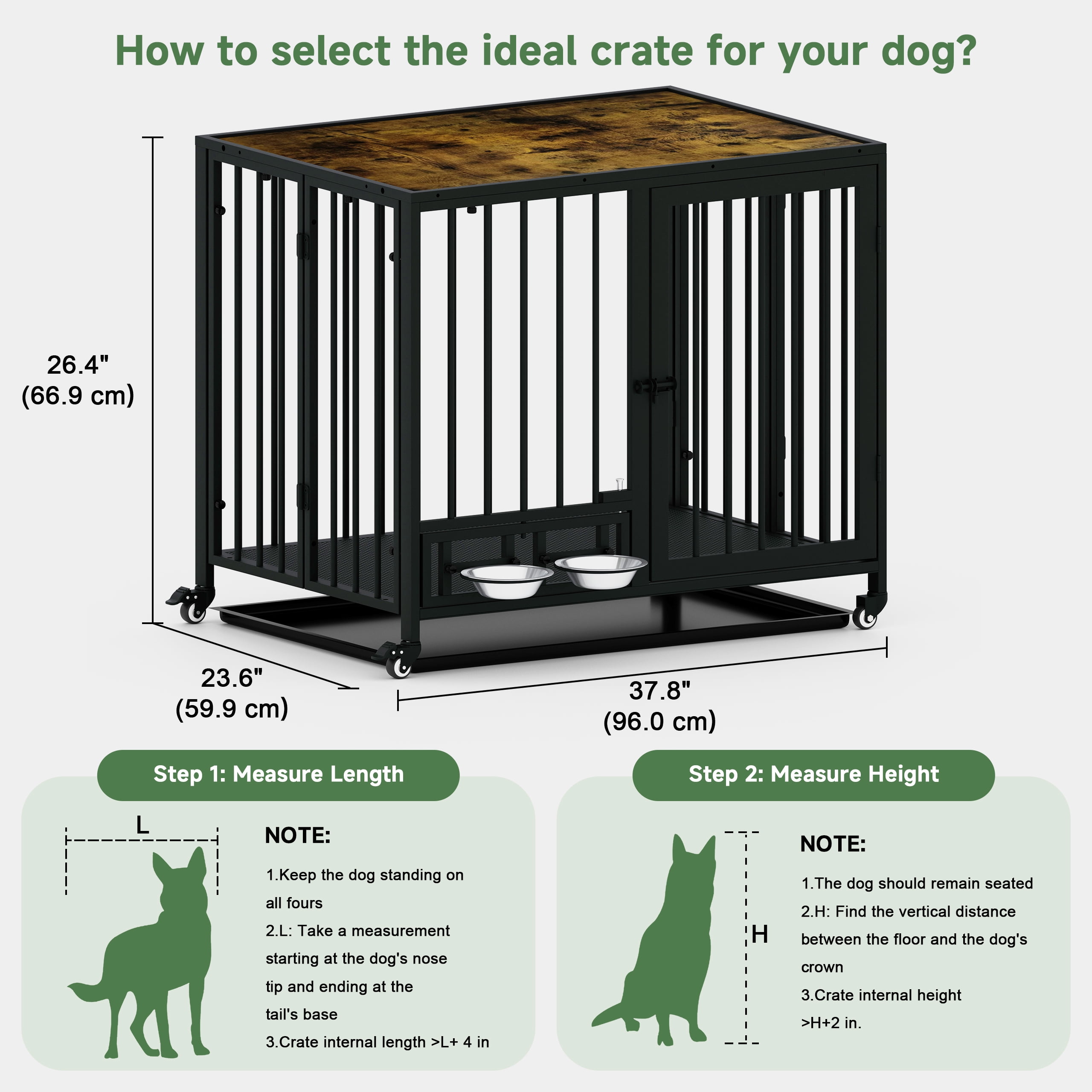 Amoveo 37.8" Heavy Duty Dog Crate for Medium Dogs, 3-in-1 Collapsible Metal Kennel & Playpen with Lockable Wheels & Feeding Bowls, Indoor Outdoor,Brown