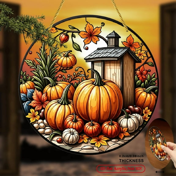 1pc Autumn Harvest Acrylic Wall Art Plaque Round Fall Decor with Pumpkins, Sunflowers  Rustic Wooden House Design, Vibrant 2D Flat Wall Hanging for Living Room, Bedroom,  8*8inch
