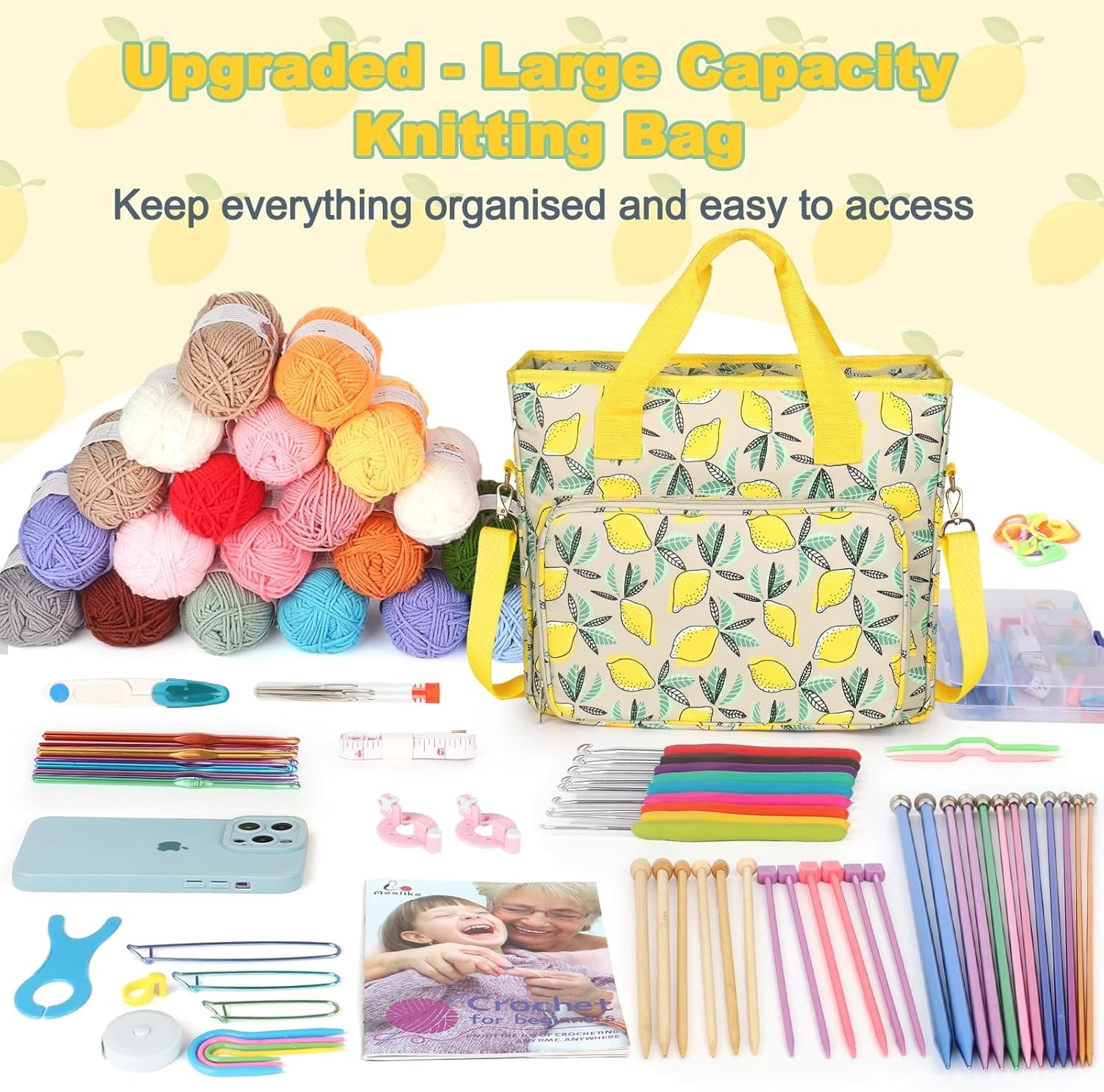 Yarn Storage Organizer Travel Crochet Bag, Large Capacity Tote Bag Knitting Bag for Carrying Projects, Knitting , Crochet Hooks and Yarn, Fruit Yellow