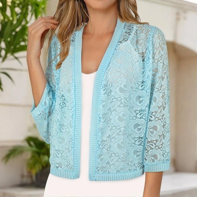 IMENGL Ladies' solid color lace knitted cardigan v neck, Blue L, Size M-2XL