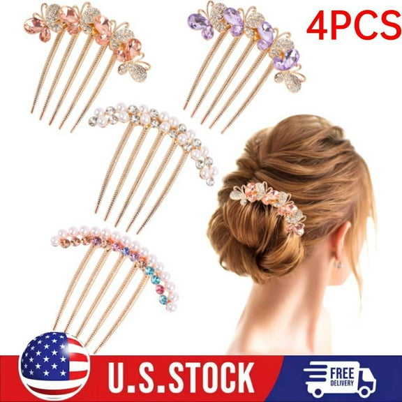 4PCS Pearl Rhinestones Hair Accessories Women Crystals Butterfly Hair Fork Clips
