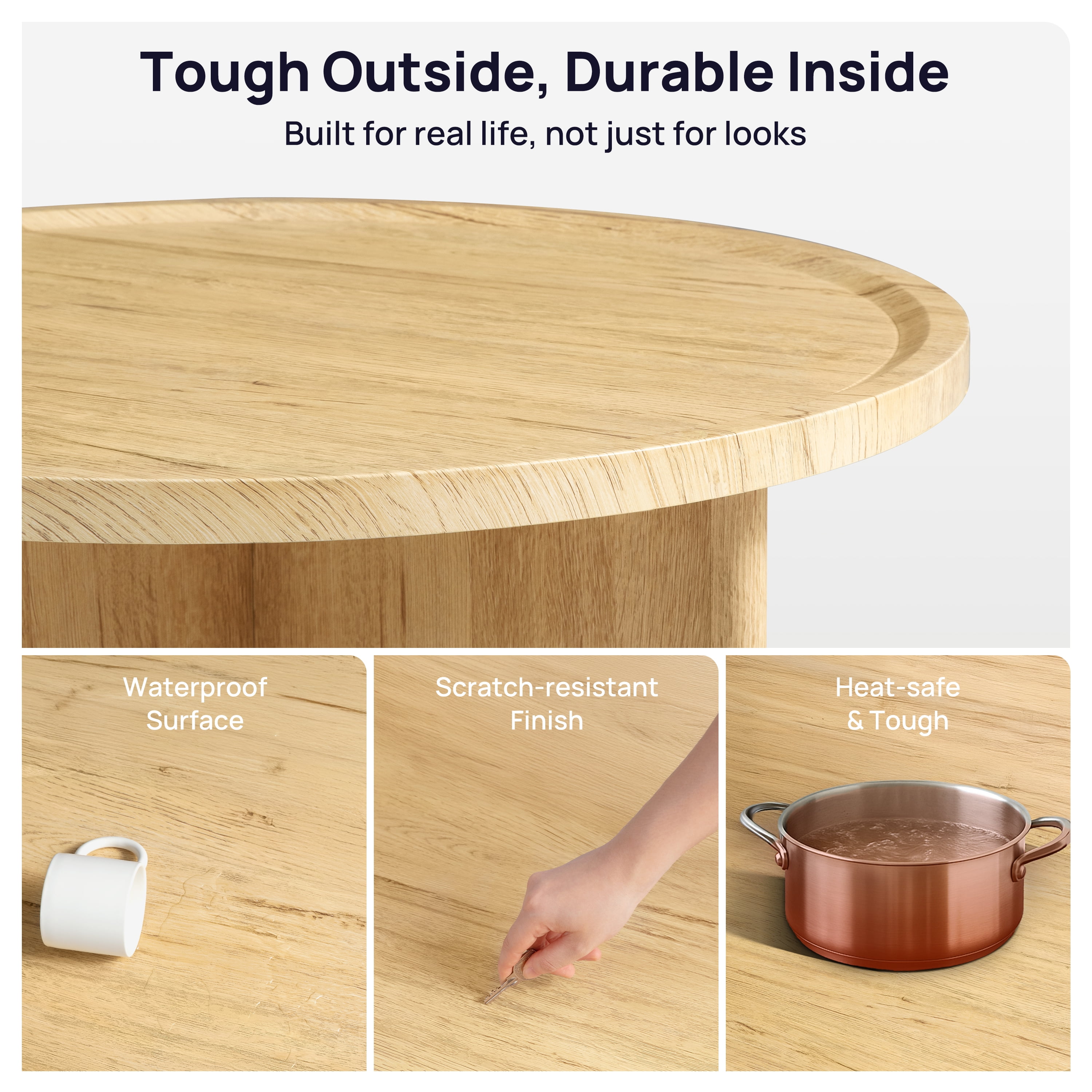 CHIC HOUSE Round Coffee Table for Living Room Table, Small Coffee Table with 4 Storage Stools Underneath, Mid-Century Wood Coffee Table Set with Teddy Velvet Storage Ottoman, Oak & White