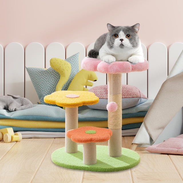 BELOVING Cat Scratch Post Vertical 3 Tiers Cute Kitten Cat Tree for Kittens Kitty Cat pink