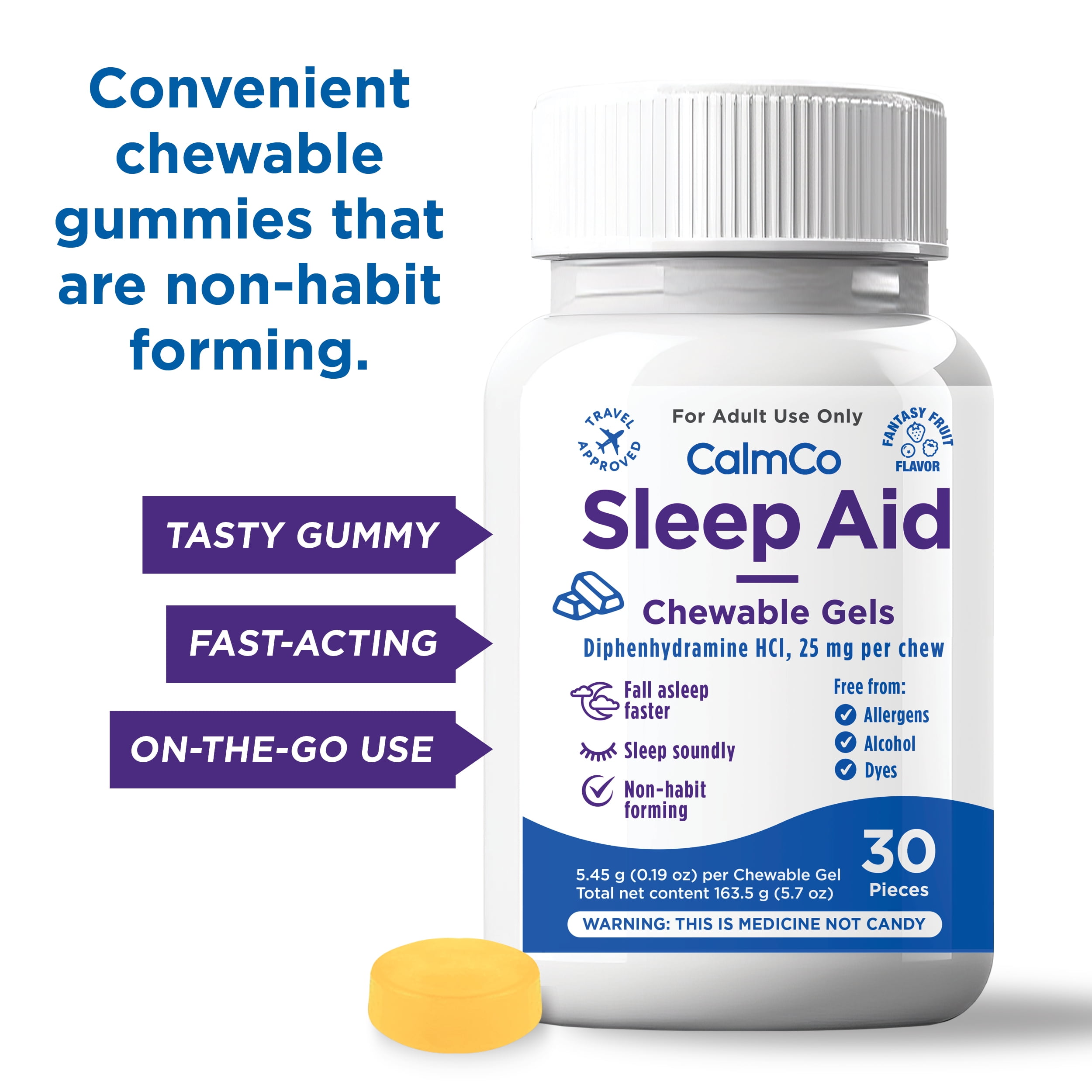 CalmCo Adult Sleep Aid Chewable Gels, 25 mg Diphenhydramine HCl, Promotes Better Sleep, Fall Asleep Faster, Non-Habit Forming, Fantasy Fruit Flavor, 30 Count.