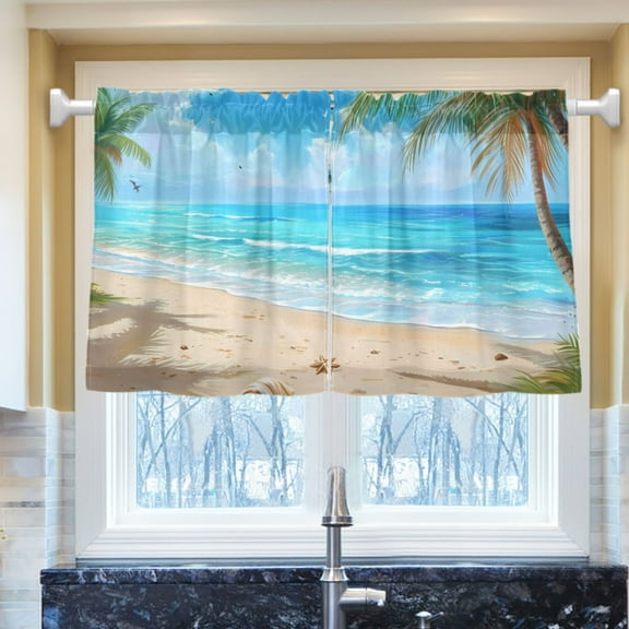 Ryvnso Beach with Palm Tree Half Curtains Sets Tier 2 Panels Short Curtain Rod Pocket 27"W x 24"L